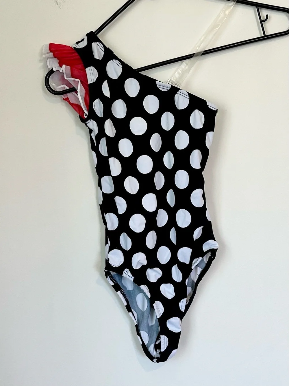 NEW Black & White Polka Dot One-Shoulder Dance Leotard with Red Tutu Skirt